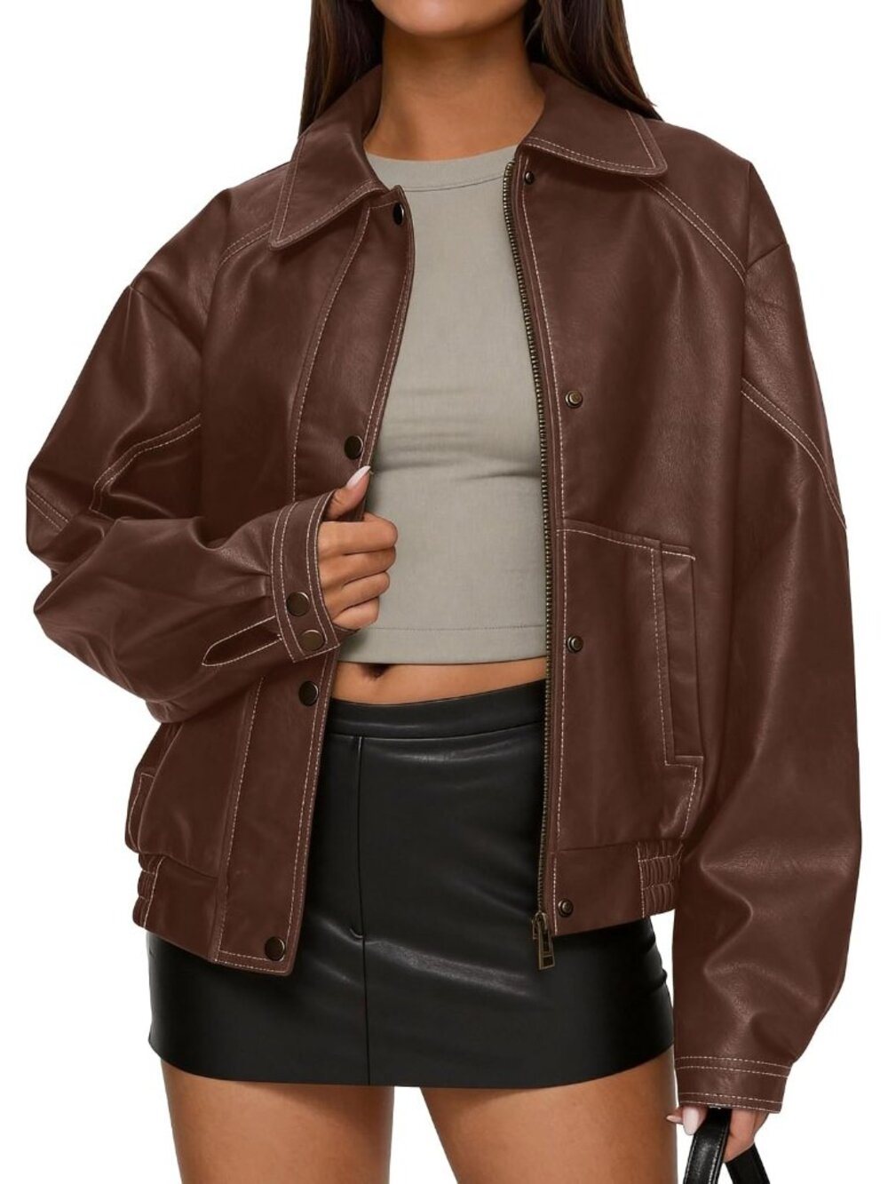 Women's Light Brown Faux Leather Oversized Motorcycle Bomber Jacket ZIP Up Coat